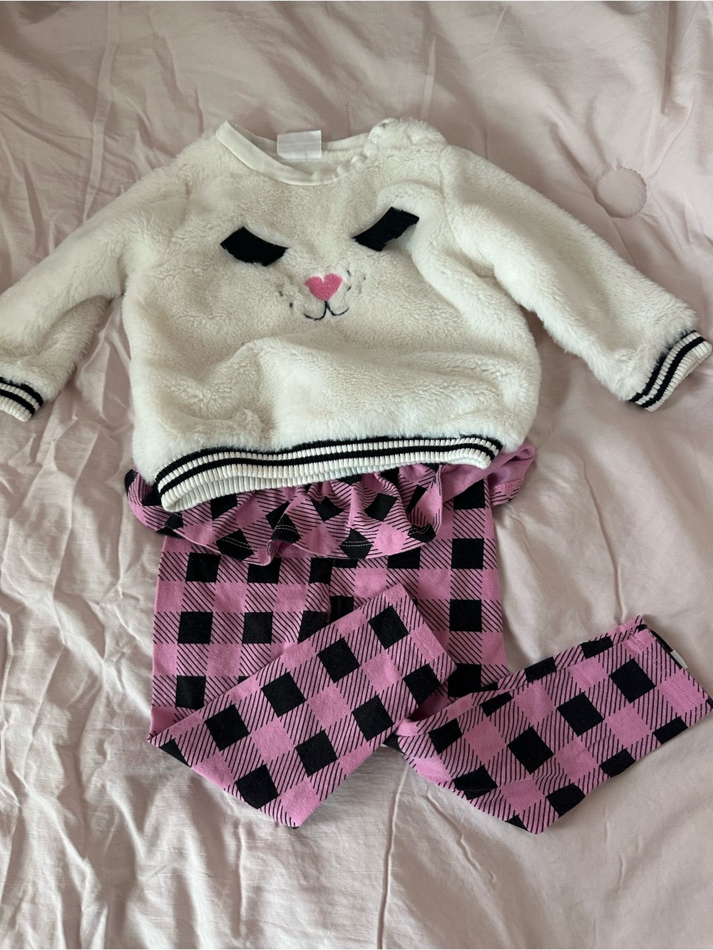 Rosie Pope White Fuzzy Animal Pullover with Pink and Black Plaid Leggings